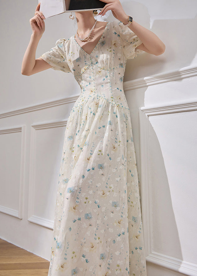 Elegant White V Neck Patchwork Chiffon Long Dress Short Sleeve