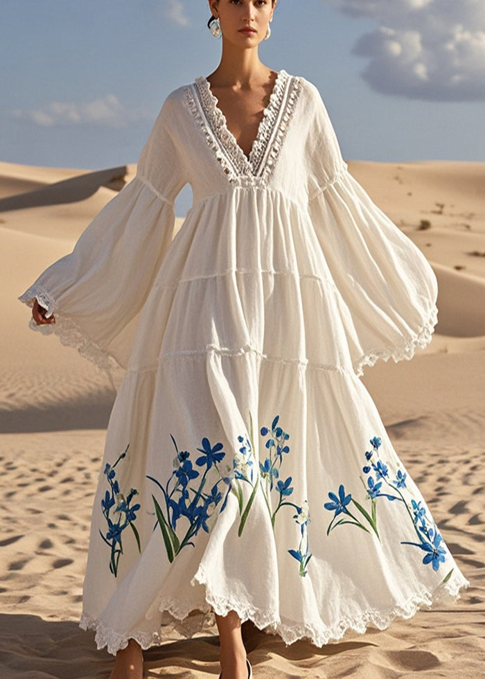 Elegant White V Neck Print Cotton Vacation Dresses Flare Sleeve