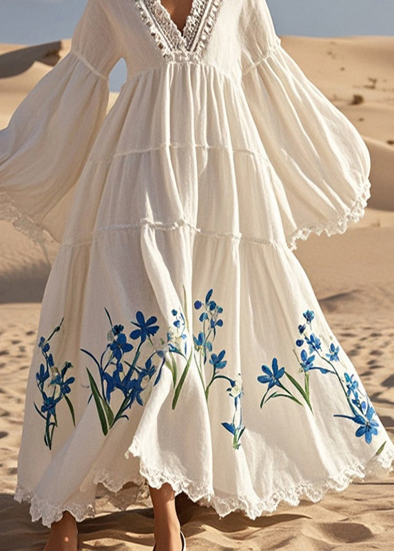 Elegant White V Neck Print Cotton Vacation Dresses Flare Sleeve