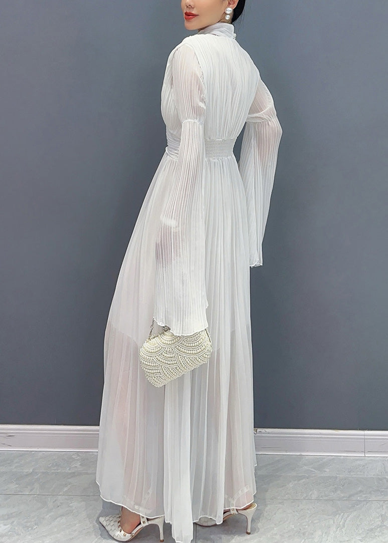 Elegant White V Neck Solid Chiffon Long Dresses Fall