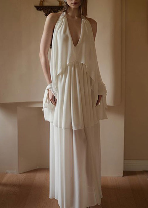 Elegant White V Neck Wrinkled Chiffon Dress Sleeveless