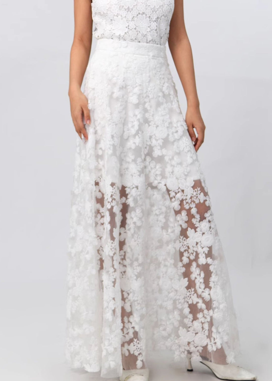 Elegant White Zippered High Waist Lace Skirt Summer