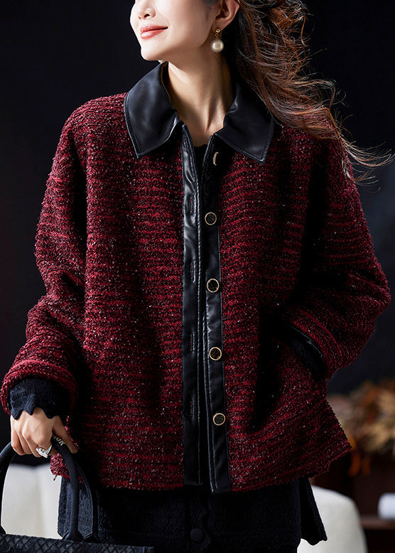 Elegant Wine Red Peter Pan Collar Button Patchwork Parkas Winter