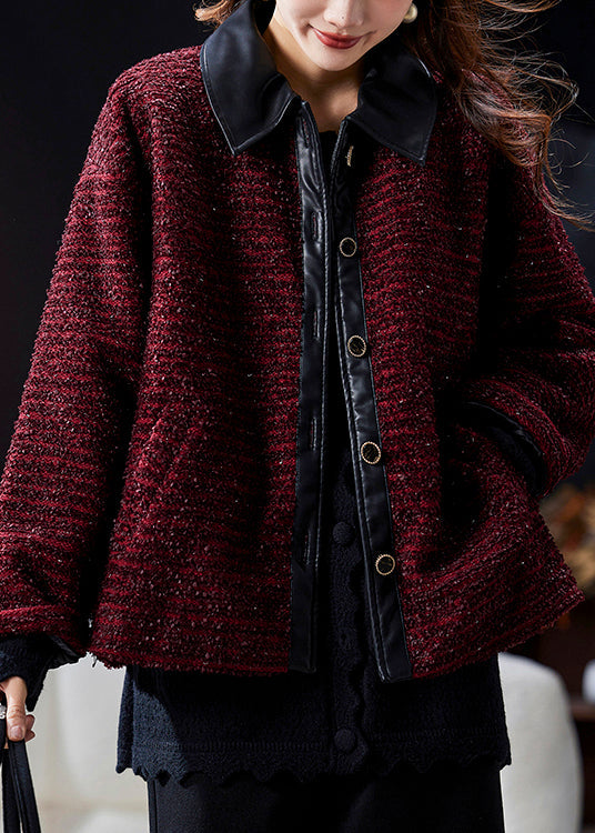 Elegant Wine Red Peter Pan Collar Button Patchwork Parkas Winter