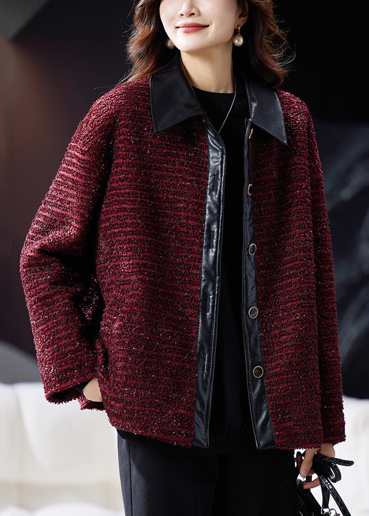 Elegant Wine Red Peter Pan Collar Button Patchwork Parkas Winter