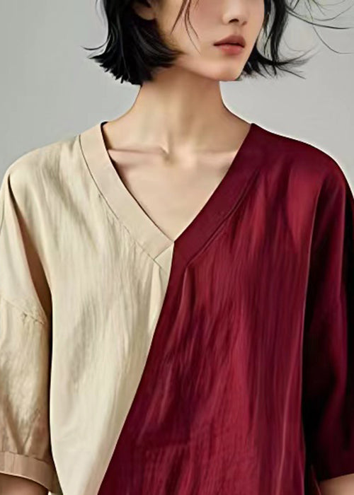 Elegant Wine Red V Neck Asymmetrical Linen Top Batwing Sleeve