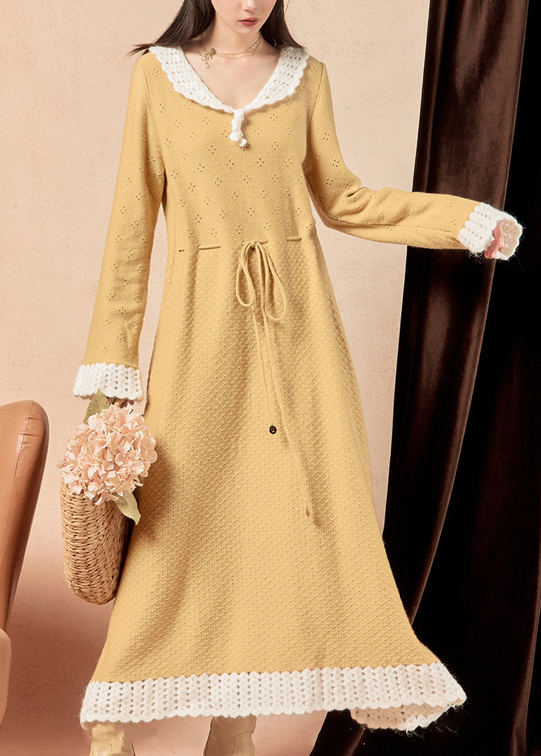 Elegant Yellow Hollow Out Lace Up Knit Long Dress Winter