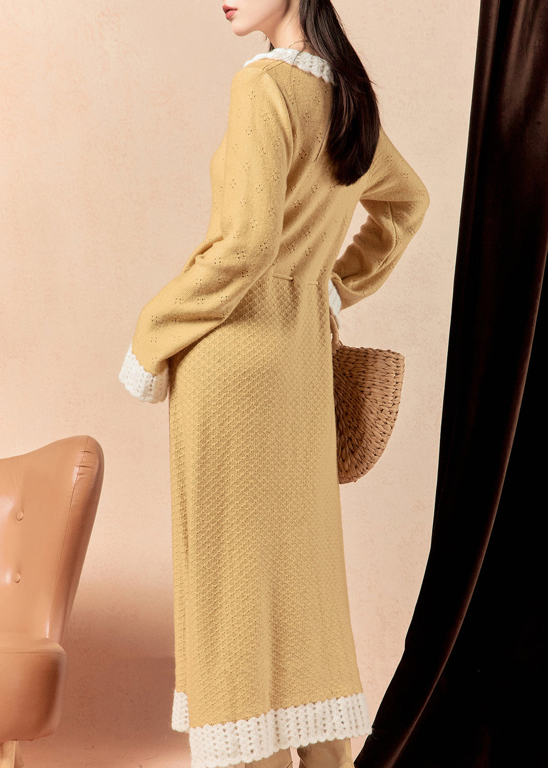 Elegant Yellow Hollow Out Lace Up Knit Long Dress Winter