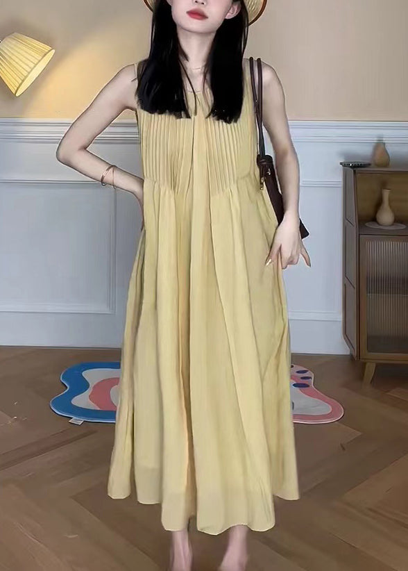 Elegant Yellow O Neck Pockets Cotton Long Dress Sleeveless