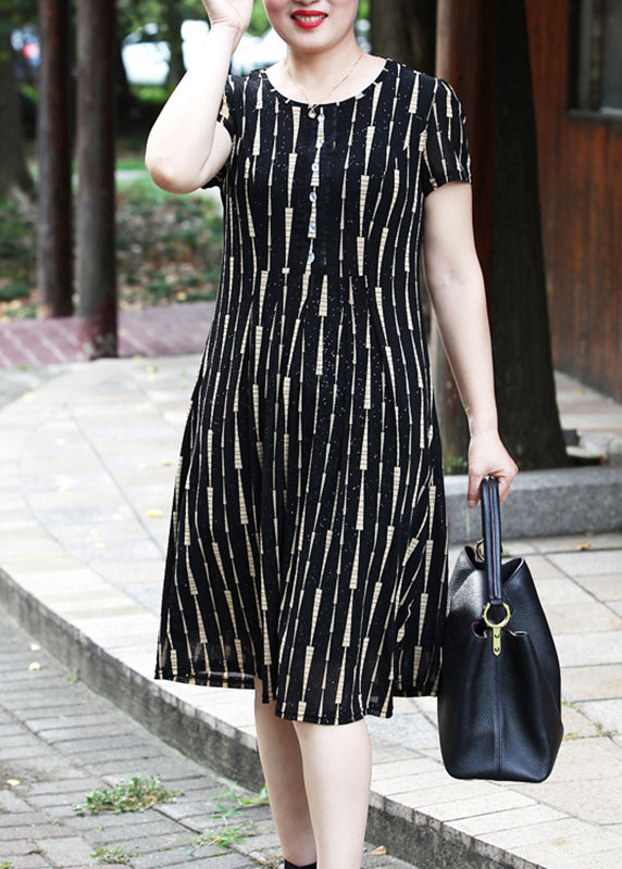 Elegant Yellow O-Neck Striped Long Dress Short Sleeve