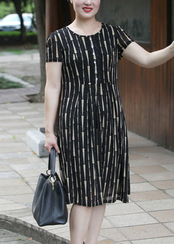 Elegant Yellow O-Neck Striped Long Dress Short Sleeve