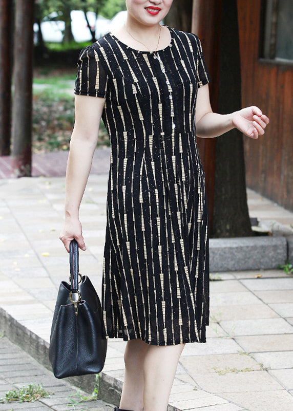 Elegant Yellow O-Neck Striped Long Dress Short Sleeve