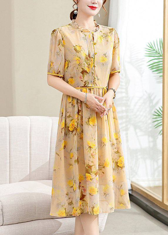 Elegant Yellow Ruffled Print Lace Up Chiffon Dresses Summer