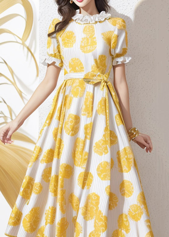 Elegant Yellow Ruffled Print Tie Waist Silk Dress Summer