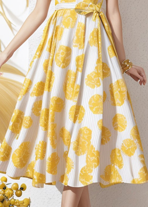 Elegant Yellow Ruffled Print Tie Waist Silk Dress Summer