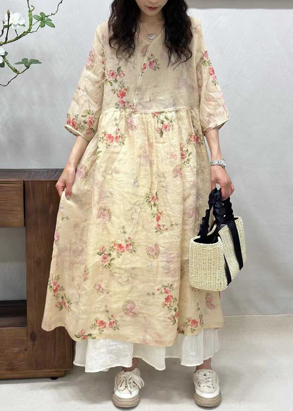 Elegant Yellow V Neck Print Linen Long Dresses Half Sleeve