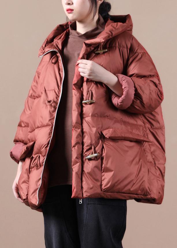 Elegant Red Warm Winter Coat Loose Fitting Womens Parka Hooded Pockets Warm Overcoat