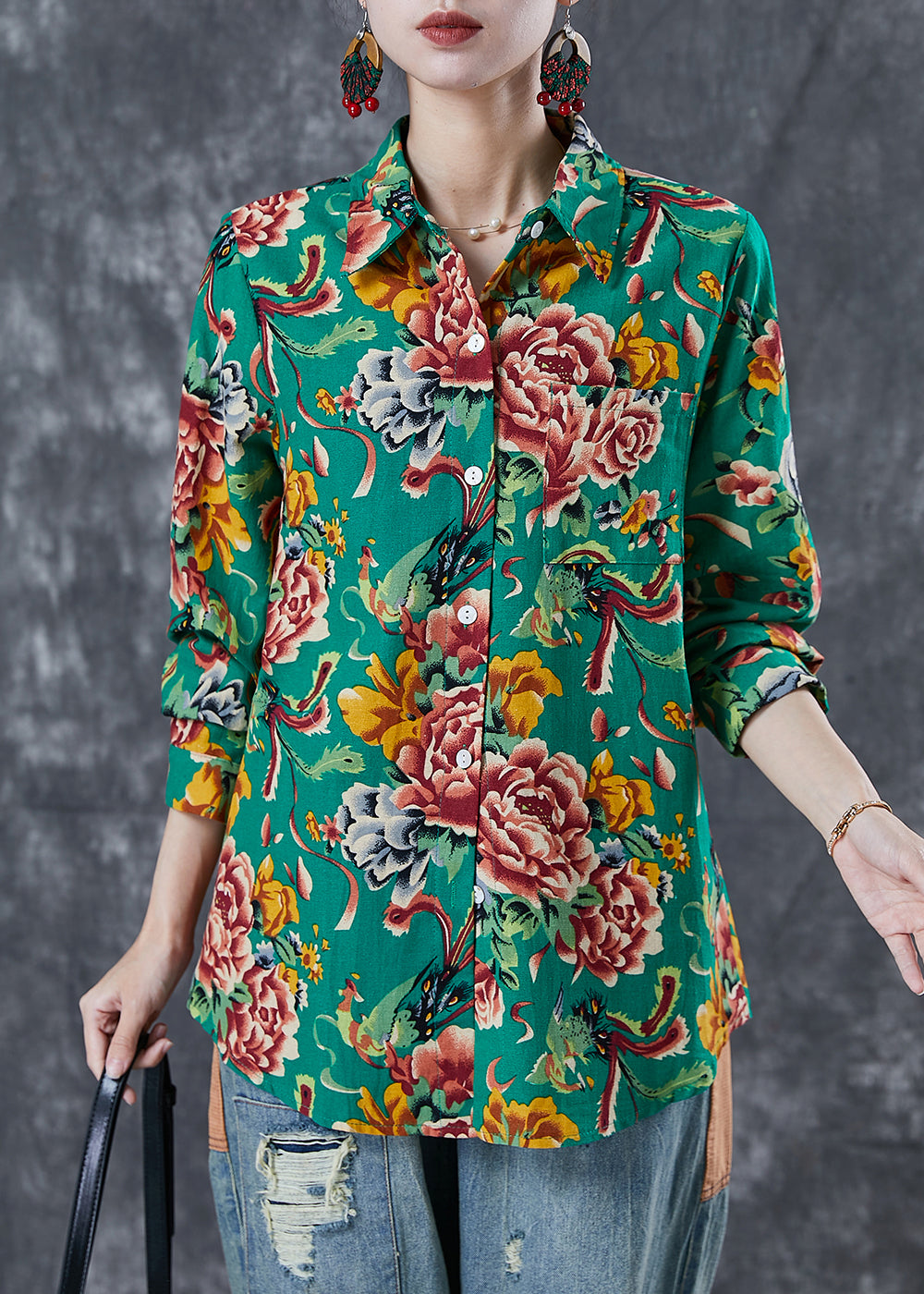 Ethnic Style Green Print Cotton Shirt Oversized Spring