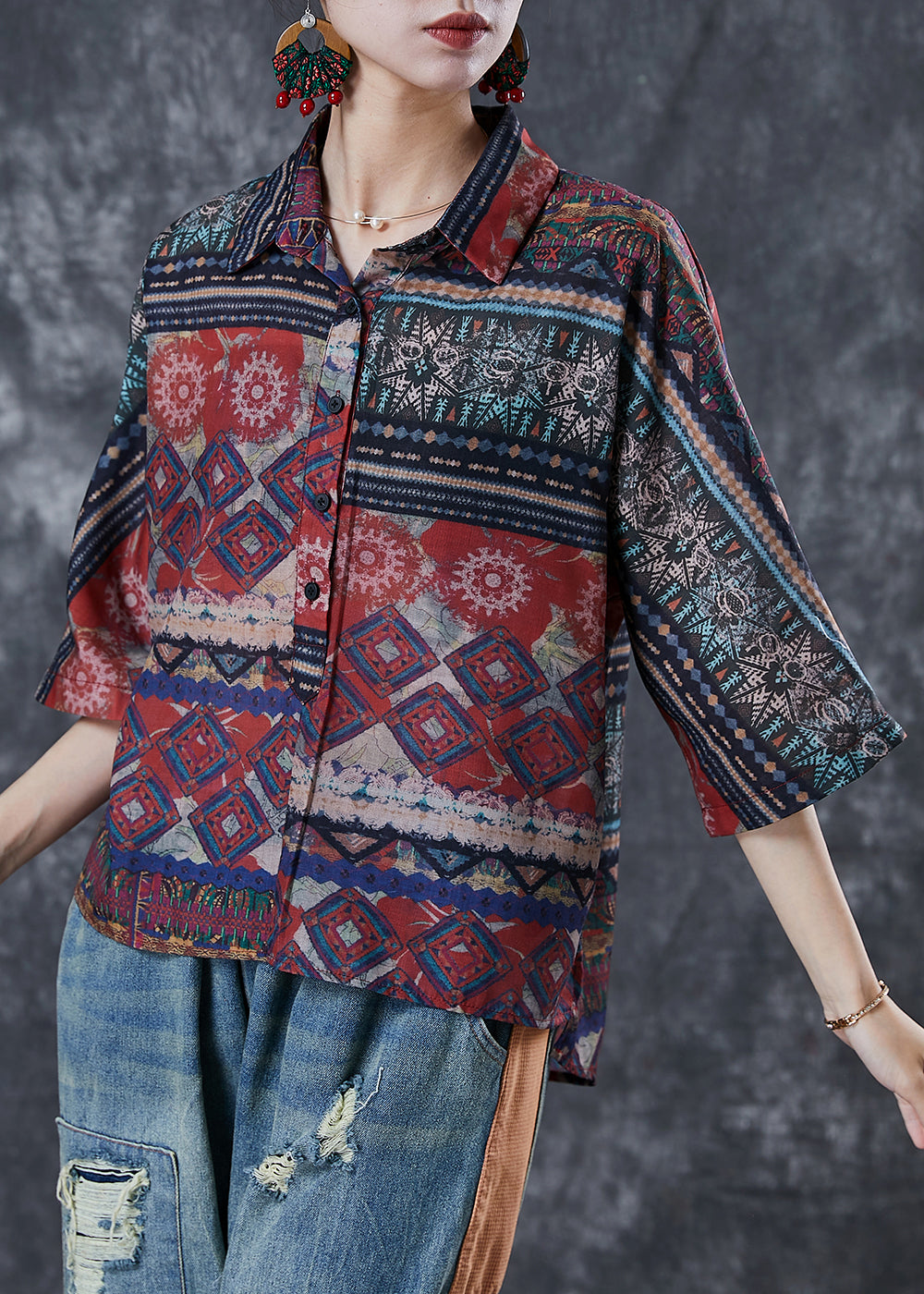 Ethnic Style Oversized Print Linen Shirts Bracelet Sleeve