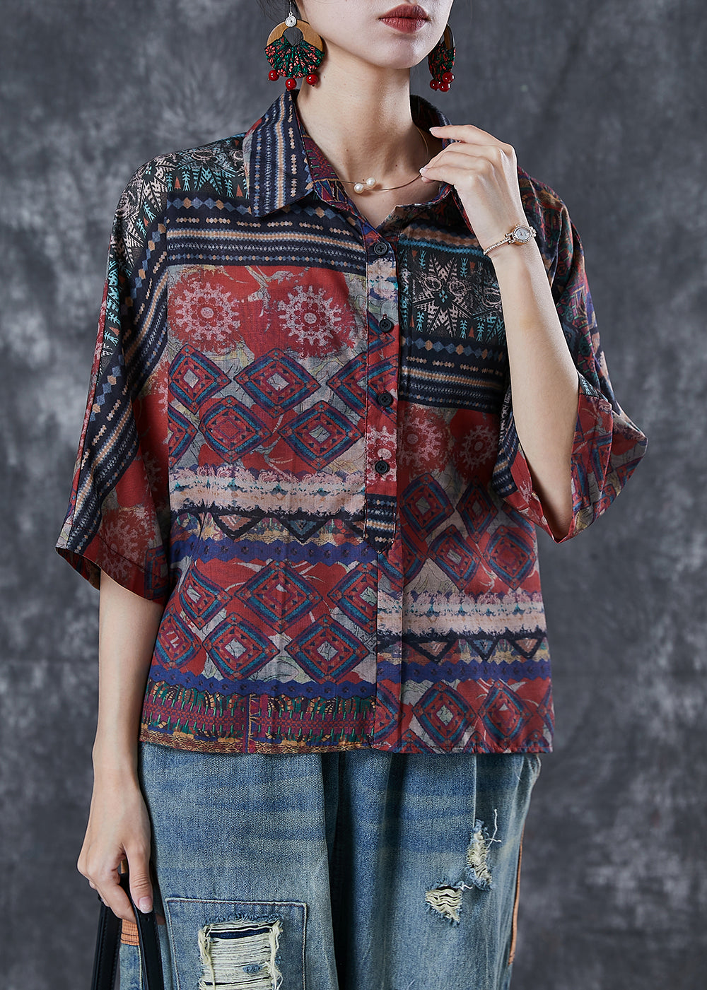 Ethnic Style Oversized Print Linen Shirts Bracelet Sleeve