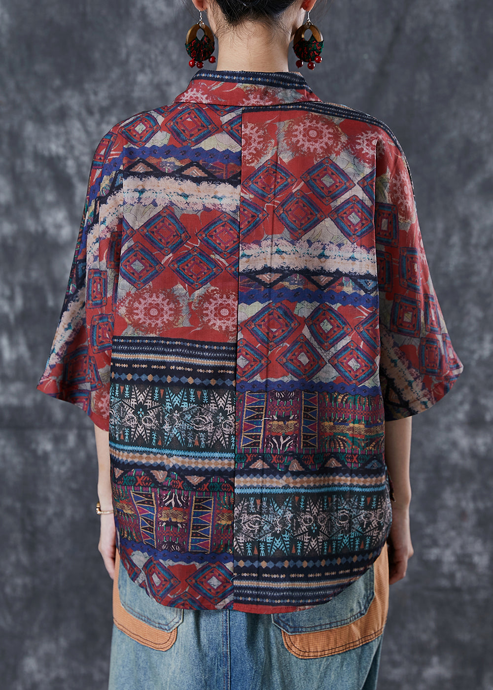 Ethnic Style Oversized Print Linen Shirts Bracelet Sleeve