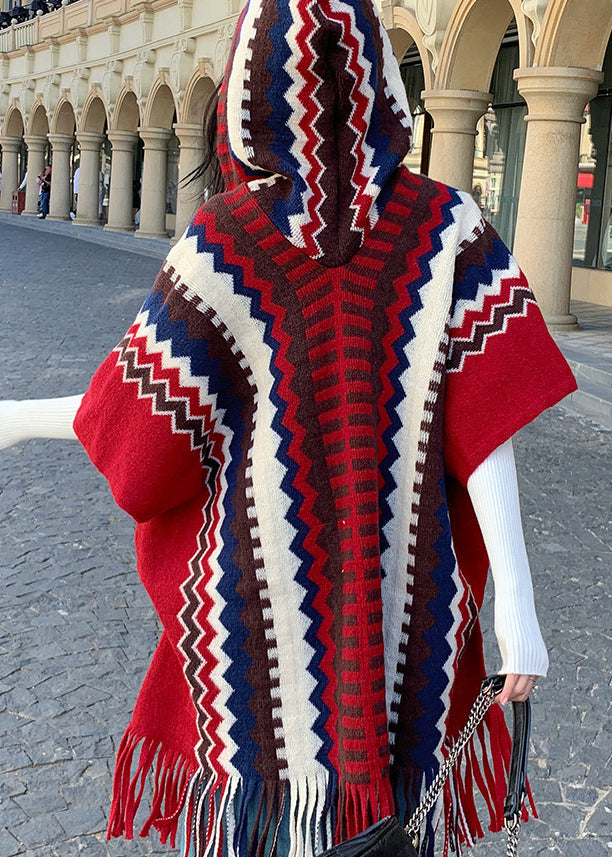 Ethnic Style Red Hooded Cape Style Shawl Coat