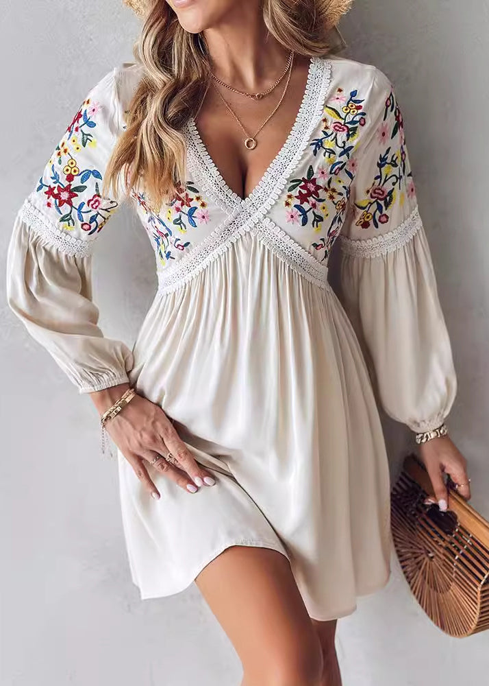 European And American Style Apricot Embroidered Cotton Mid Dress Long Sleeve