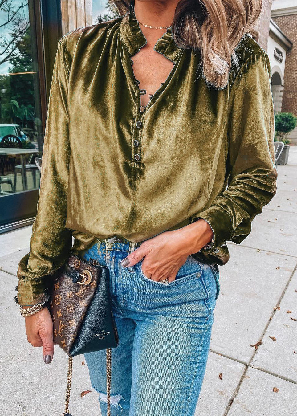 European And American Style Blue Ruffled Velour Top Spring