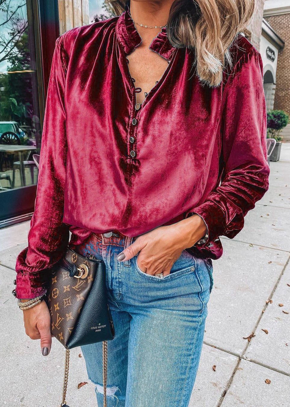 European And American Style Blue Ruffled Velour Top Spring