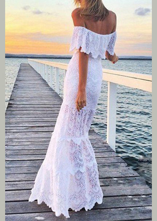 European And American Style White Cold Shoulder Lace Dresses Summer