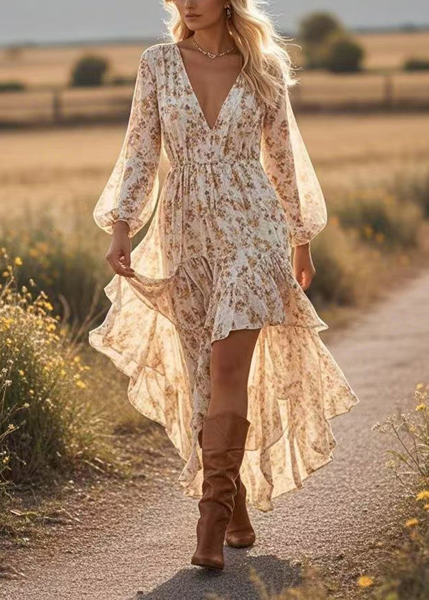 Fashion Apricot Asymmetrical Print Cotton Robe Dresses Spring