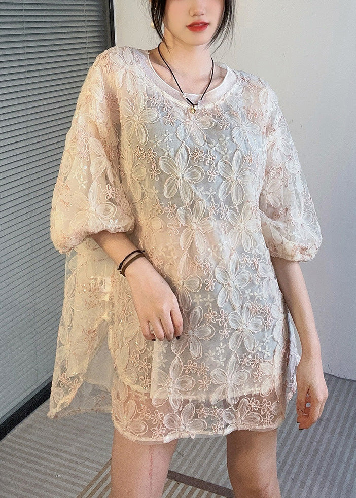 Fashion Apricot O-Neck Side Open Lace Shirt Half Sleeve