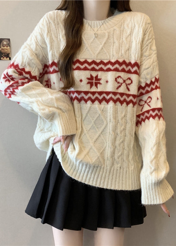 Fashion Beige O Neck Jacquard Thick Knit Sweater Winter