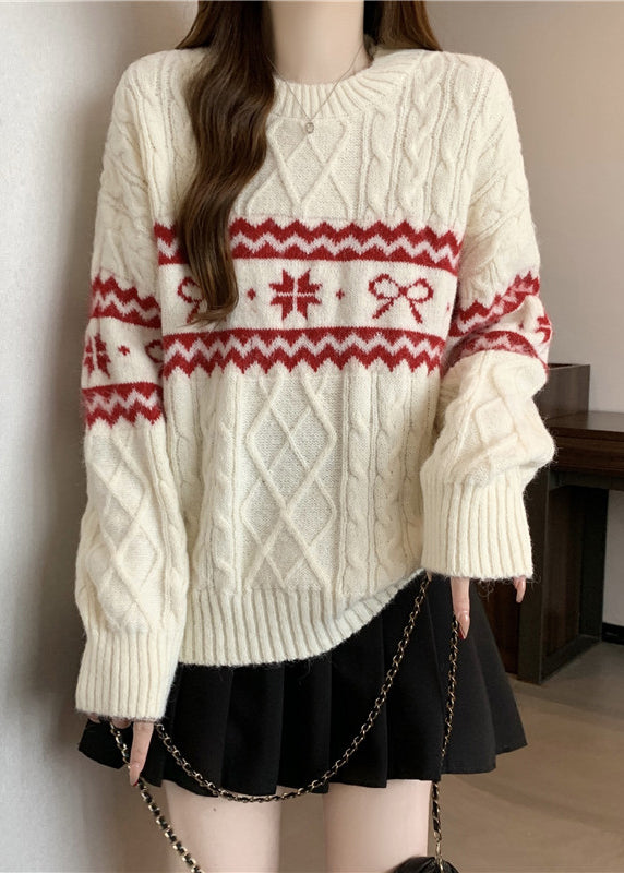 Fashion Beige O Neck Jacquard Thick Knit Sweater Winter