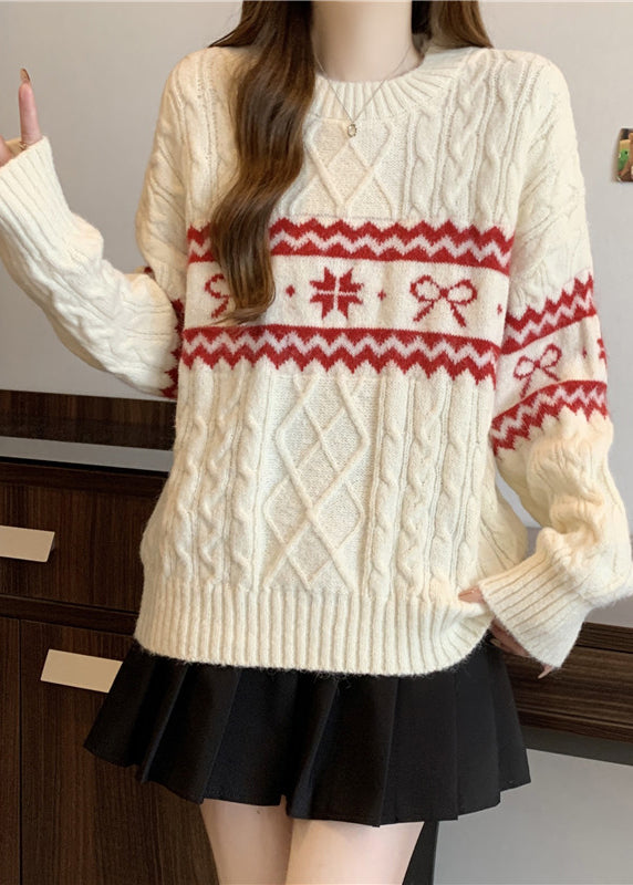 Fashion Beige O Neck Jacquard Thick Knit Sweater Winter