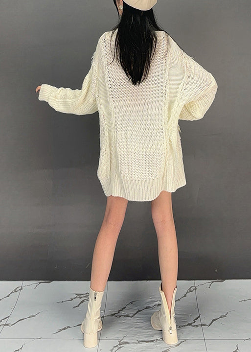 Fashion Beige V Neck Butterfly Knit Sweater Dress Fall