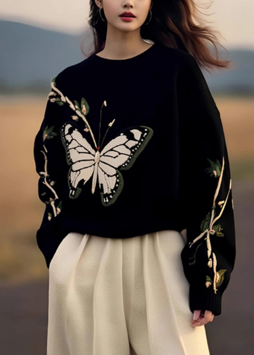 Fashion Black O Neck Butterfly Print Knit Sweaters Spring