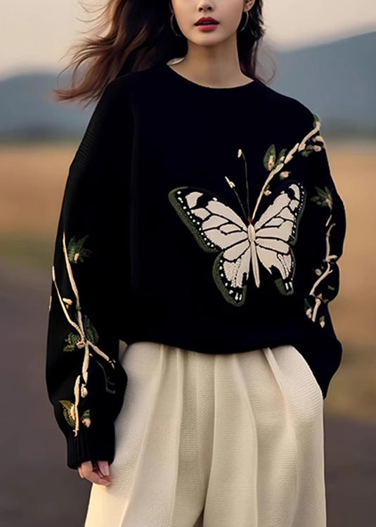 Fashion Black O Neck Butterfly Print Knit Sweaters Spring