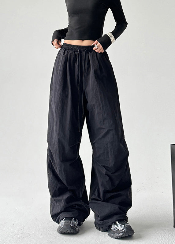 Fashion Black Oversized Elastic Waist Cotton Pants Spring