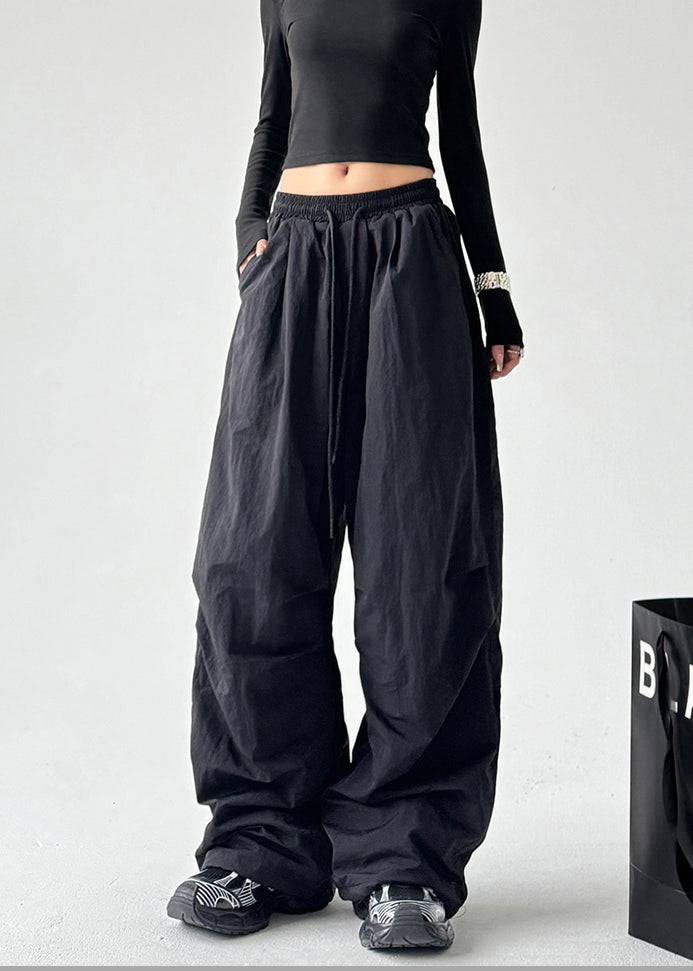 Fashion Black Oversized Elastic Waist Cotton Pants Spring