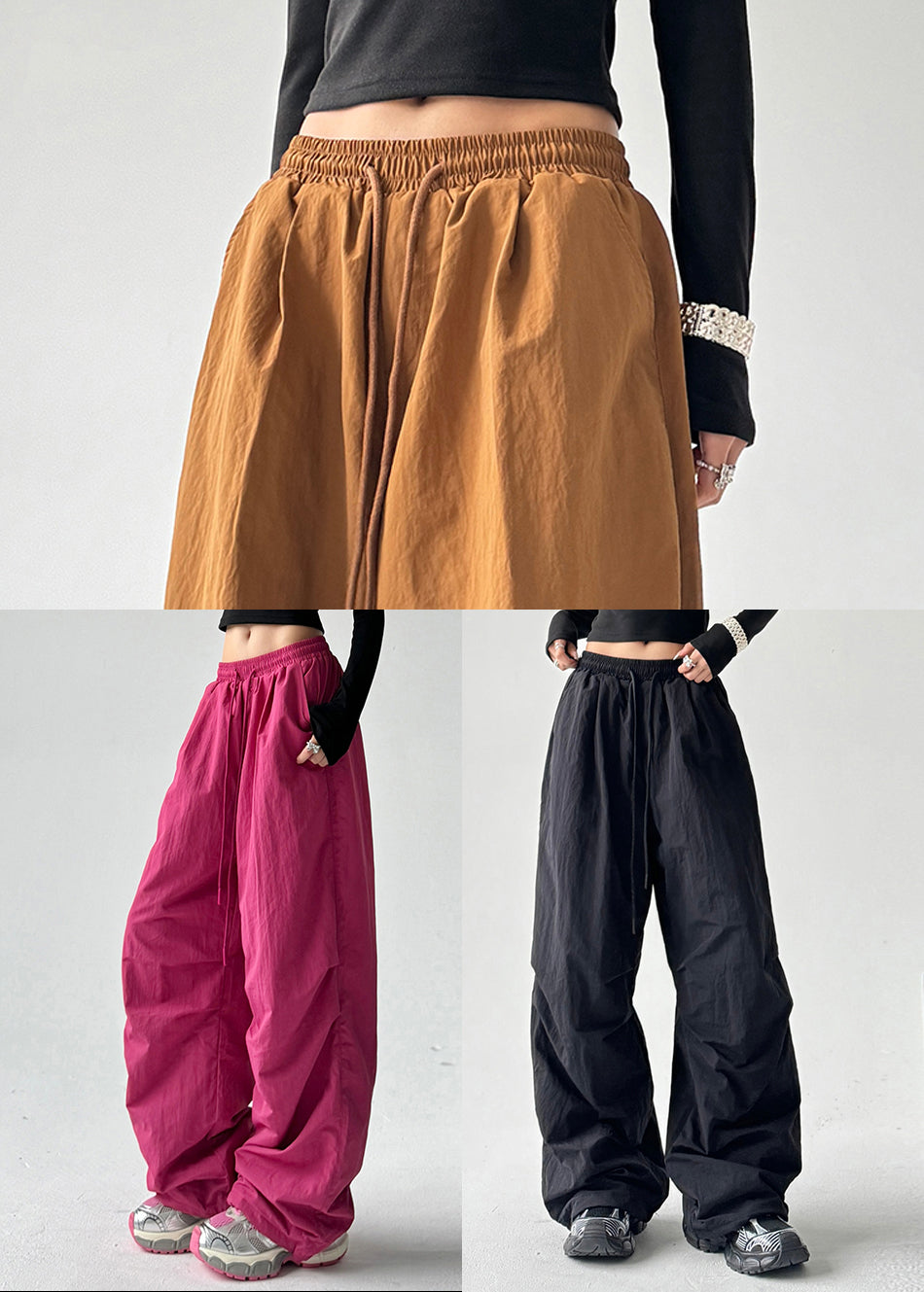 Fashion Black Oversized Elastic Waist Cotton Pants Spring