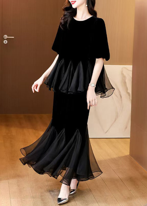 Fashion Black Pearl Tulle Patchwork Silk Velvet Two Pieces Set Summer