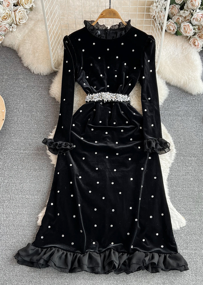 Fashion Black Ruffled Stand Collar Patchwork Zircon Flattering Silk Velvet Long Dresses