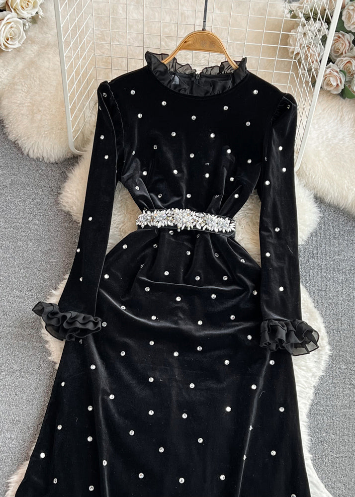 Fashion Black Ruffled Stand Collar Patchwork Zircon Flattering Silk Velvet Long Dresses