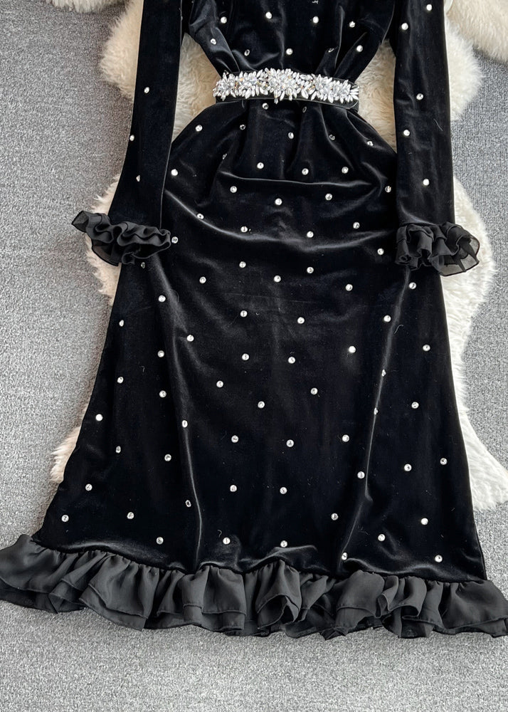 Fashion Black Ruffled Stand Collar Patchwork Zircon Flattering Silk Velvet Long Dresses