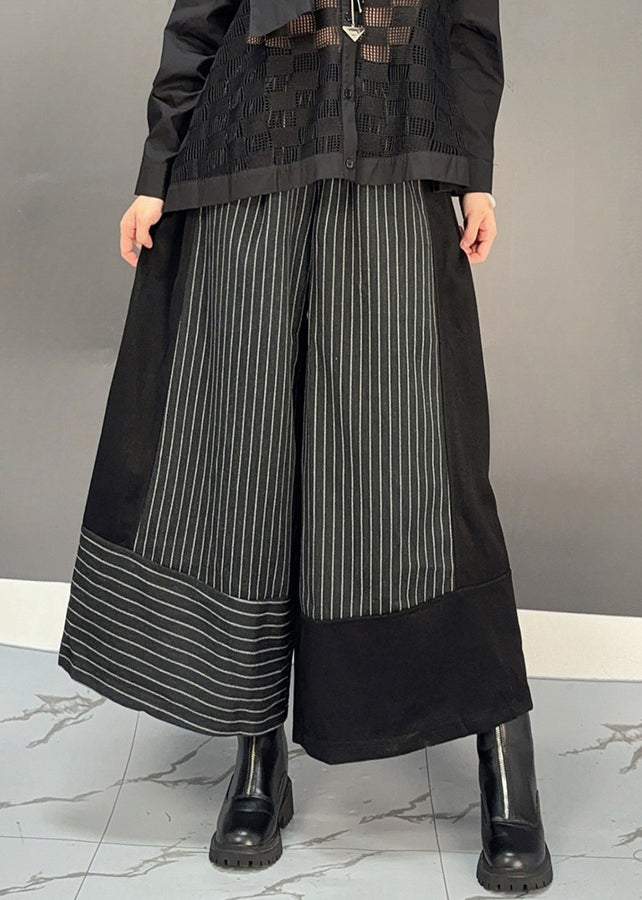 Fashion Black Striped Patchwork Elastic Waist Woolen Wide Leg Crop Pants Spring