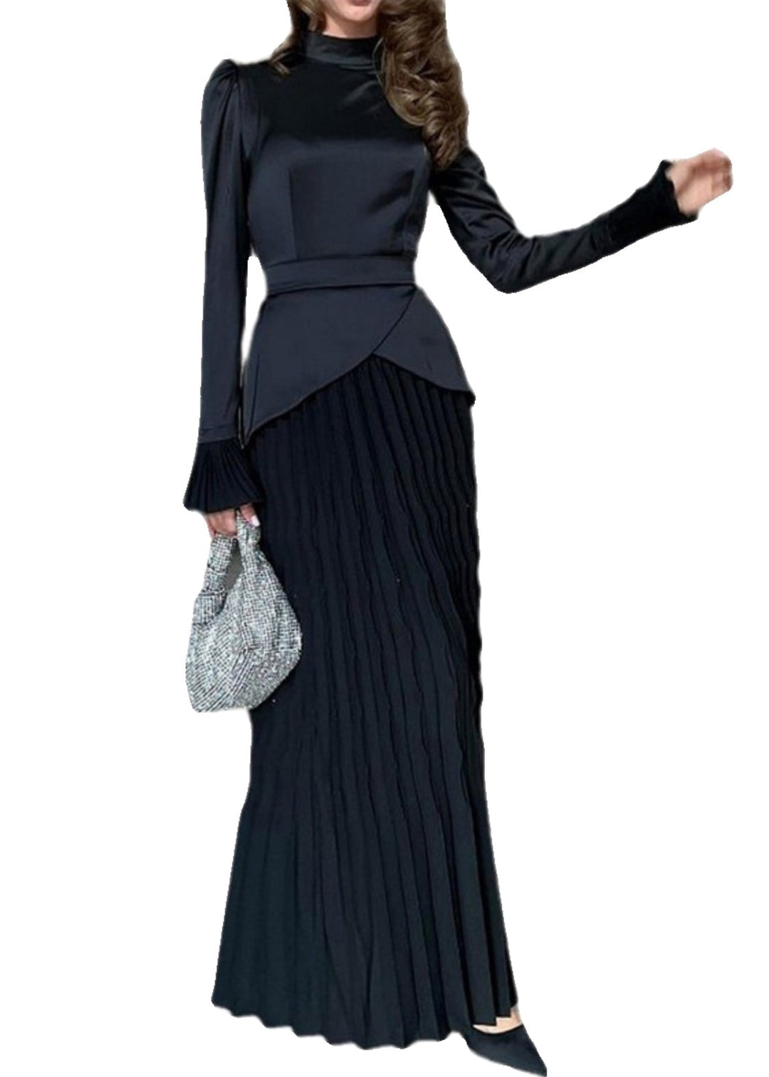 Fashion Black Wrinkled Patchwork Silk Long Dress Fall