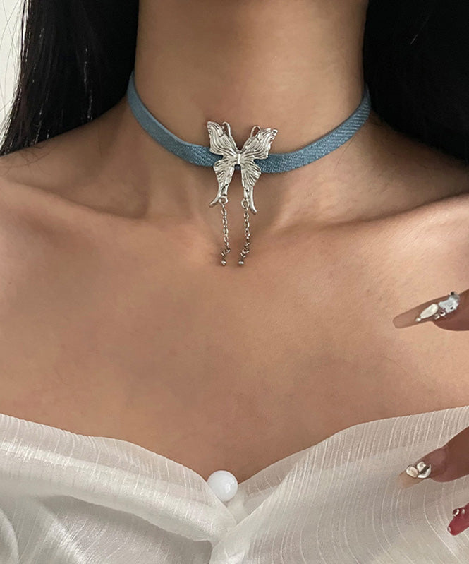 Fashion Blue Alloy Leather Rope Butterfly Tassel Pendant Necklace