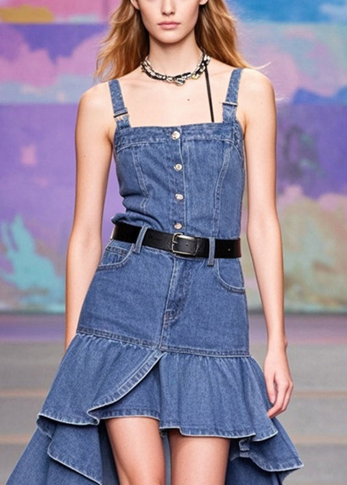 Fashion Blue Asymmetrical Patchwork Denim Wraped Skirts Spring