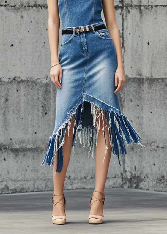 Fashion Blue Asymmetrical Tasseled Denim Skirts Summer